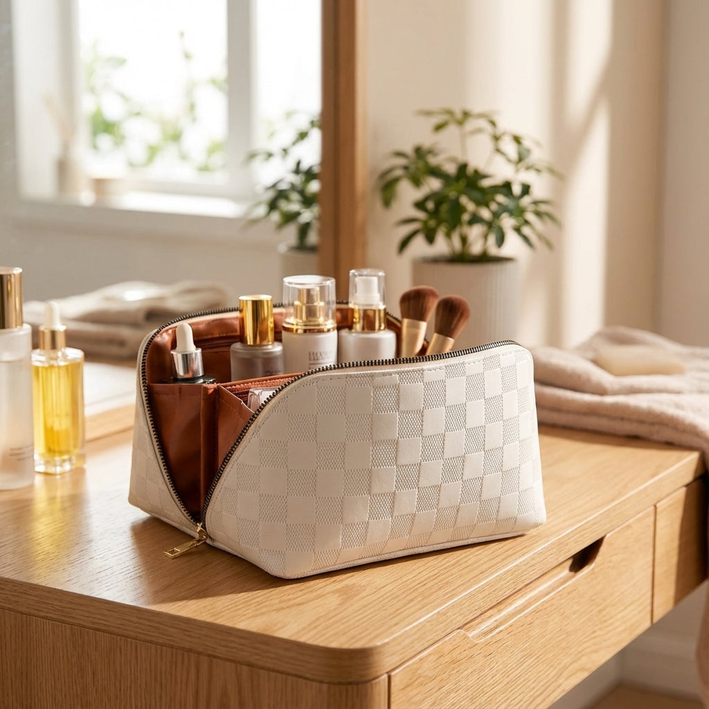 Luxe dames cosmetictas van waterafstotend polyurethaanleer; perfecte organizer voor make-up en beautyproducten.