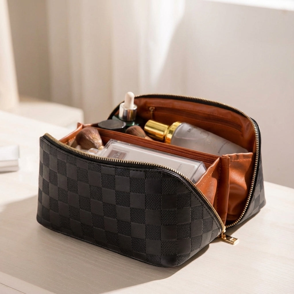Functionele dames make-up tas met georganiseerde vakken. Waterafstotende reistas voor cosmetica en beautyproducten.