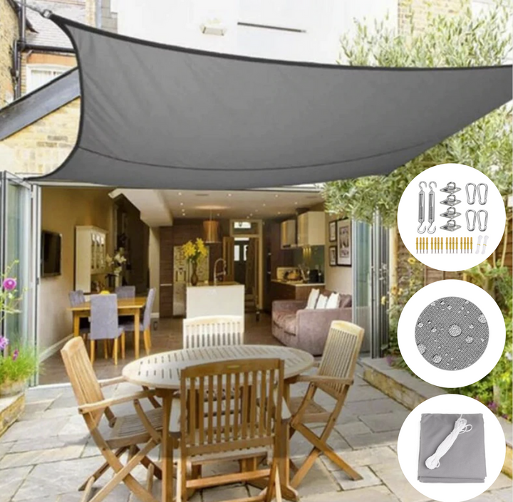 Luxe grijs schaduwdoek, UV-werend & waterafstotend. Ideale zonwering voor terras, tuin en comfortabel buitenleven.