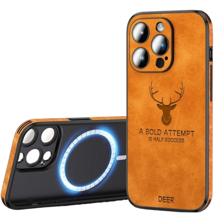 Luxe lederen iPhone hoes van Veltro, hertenleer met geavanceerde cameralensbescherming.