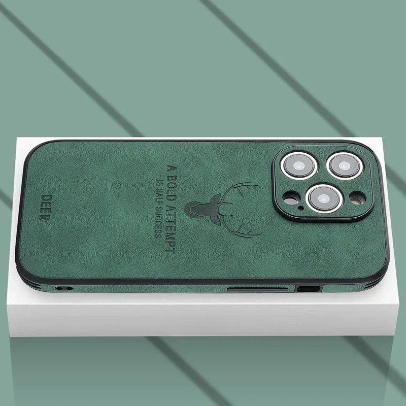 Schokbestendige Veltro iPhone hoes van echt hertenleer, complete telefoonbescherming.