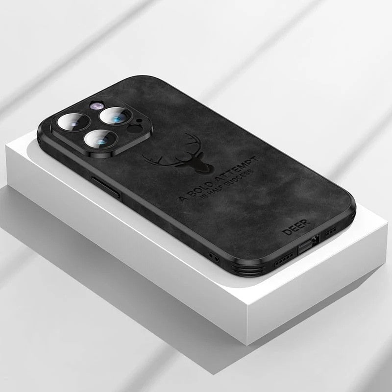 Elegante Veltro lederen iPhone cover, hertenleer en cameraprotectie, schokbestendig.