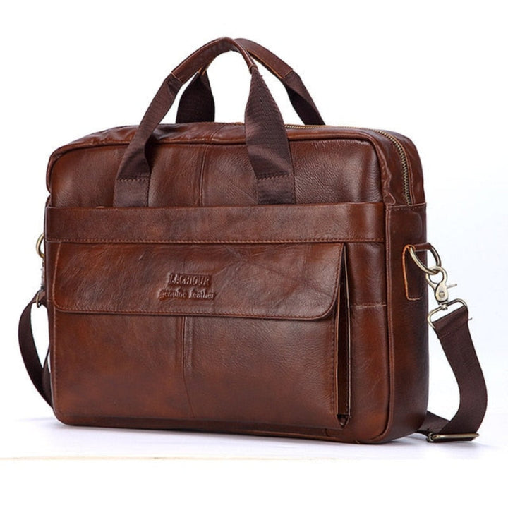 Victor leren schoudertas/aktetas voor heren, een luxe laptoptas met verstelbare riem.