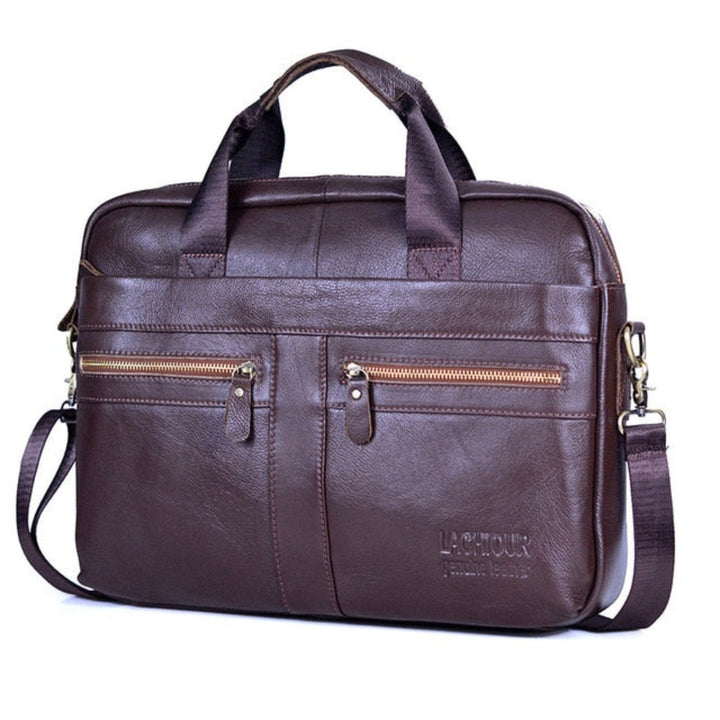 Duurzame leren pendeltas Victor, perfect als stijlvolle laptoptas of reistas voor heren.