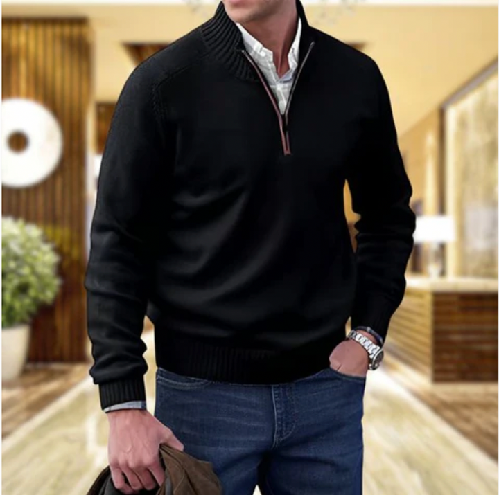 Stijlvolle Lucas herentrui, kasjmier-look pullover met rits, perfect voor smart-casual herenmode.