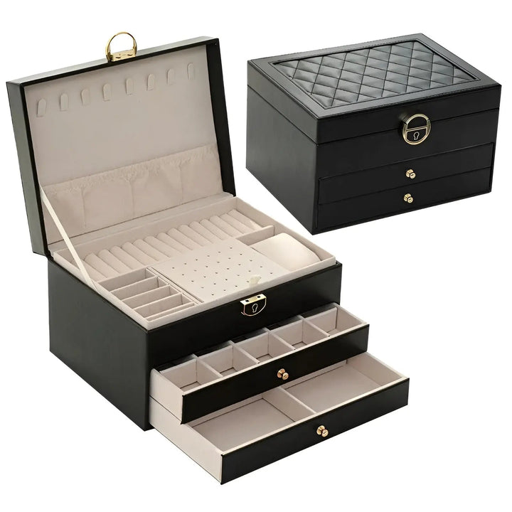 Witte luxe sieradendoos met meerdere lagen van PU-leer, perfect als stijlvolle opberger voor ringen en kettingen.