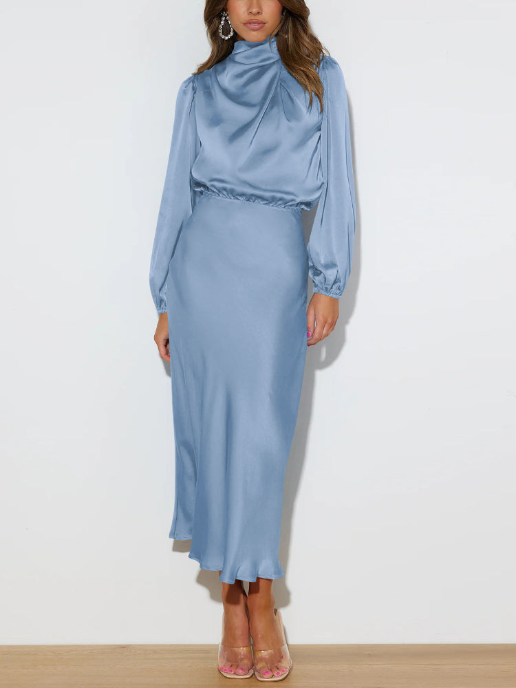 Stijlvolle Evelina satijnen jurk voor dames. Een elegante lange galajurk die prachtig staat als avondkleding voor vrouwen.