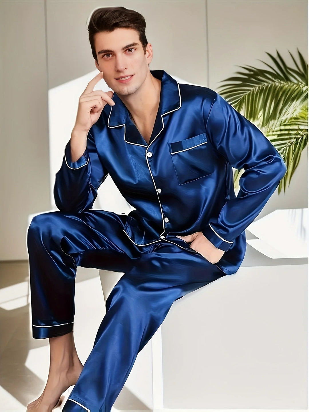 Detail van de kraag en fijne knoopsluiting van deze hoogwaardige satijnen herenpyjama, luxe afwerking.