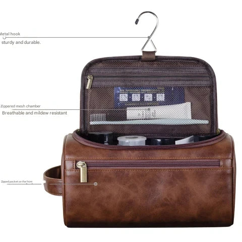 Ruime luxe Voyago toilettas; stijlvolle reis organizer voor dames & heren; bruin/zwart, waterbestendig.