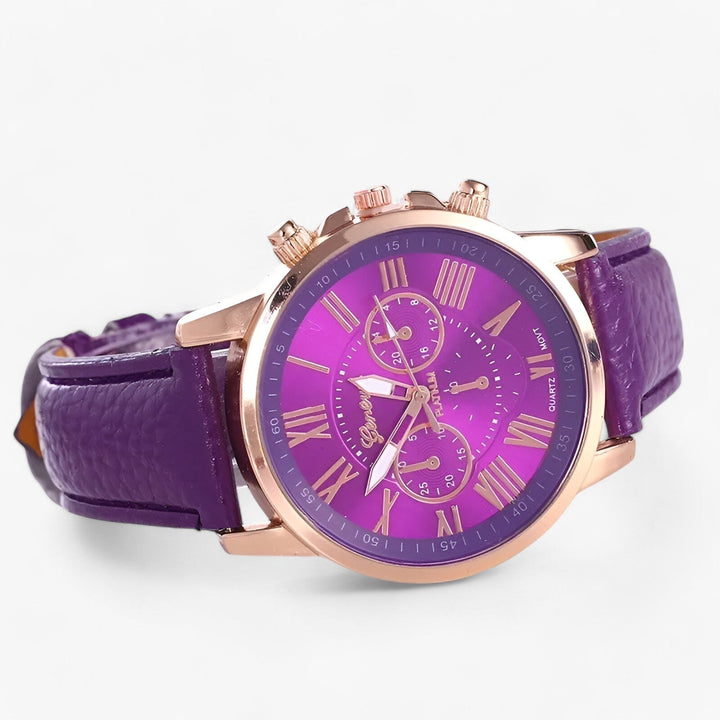 Elegant waterdicht horloge Camille. Klassiek design met minimalistische wijzerplaat en leren band.