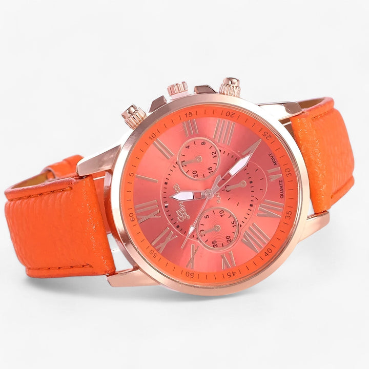 Modieus dames polshorloge met zwarte leren band. Waterdicht en tijdloos, een perfect cadeau voor haar.