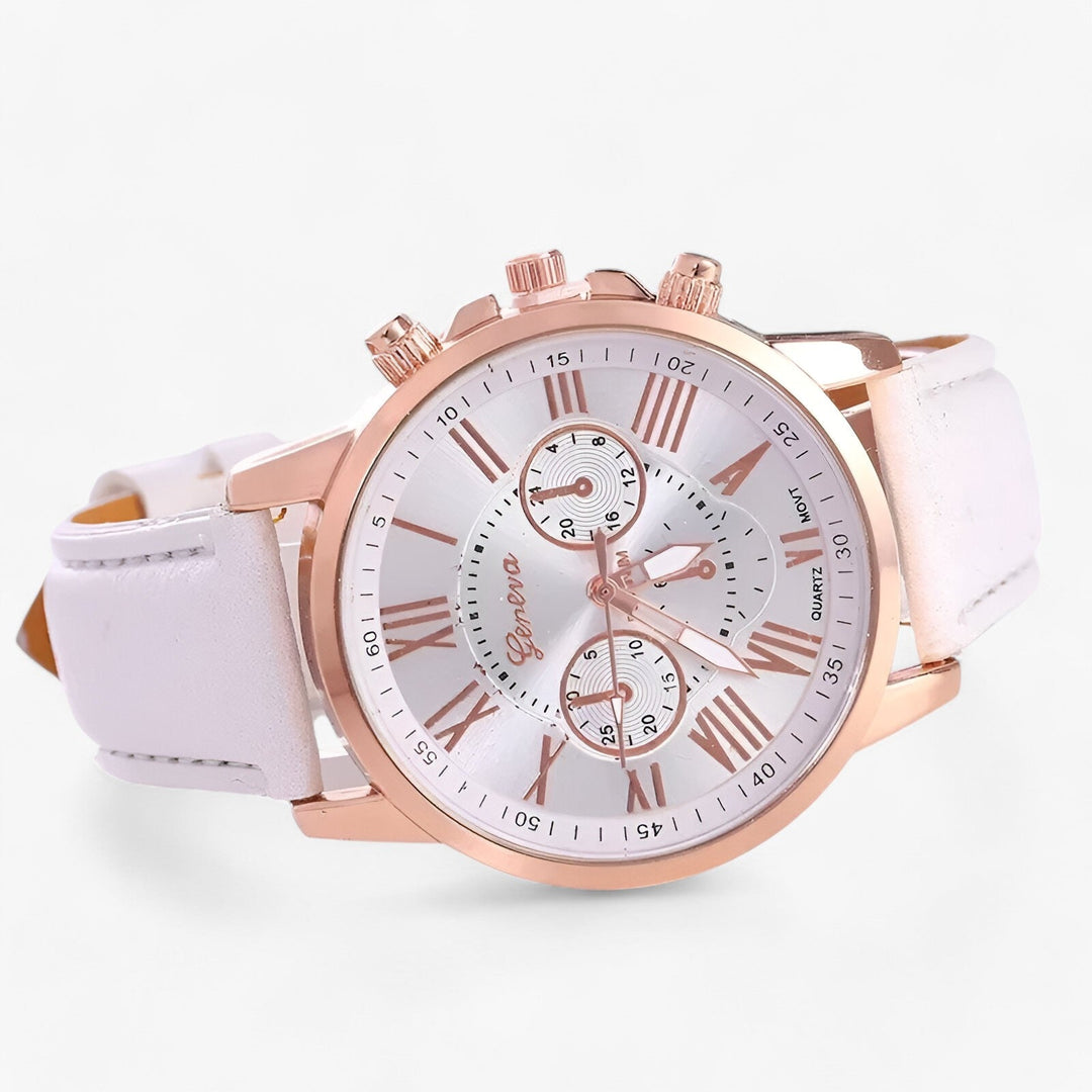 Luxe dameshorloge Camille, waterdicht en met elegante leren band. Een stijlvol accessoire voor elke vrouw.