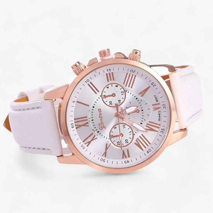 Luxe dameshorloge Camille, waterdicht en met elegante leren band. Een stijlvol accessoire voor elke vrouw.
