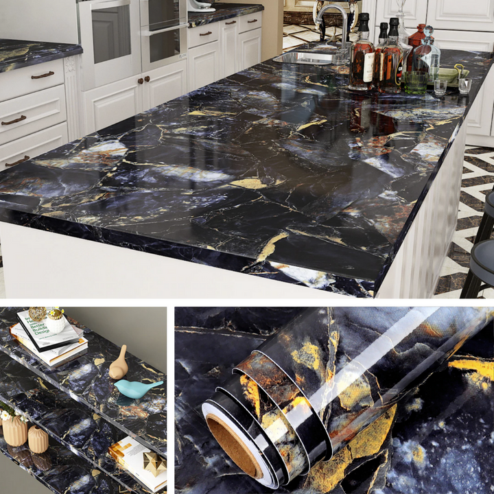 Zelfklevende marmerlook folie, perfect voor keuken renovatie, water- en oliebestendig.