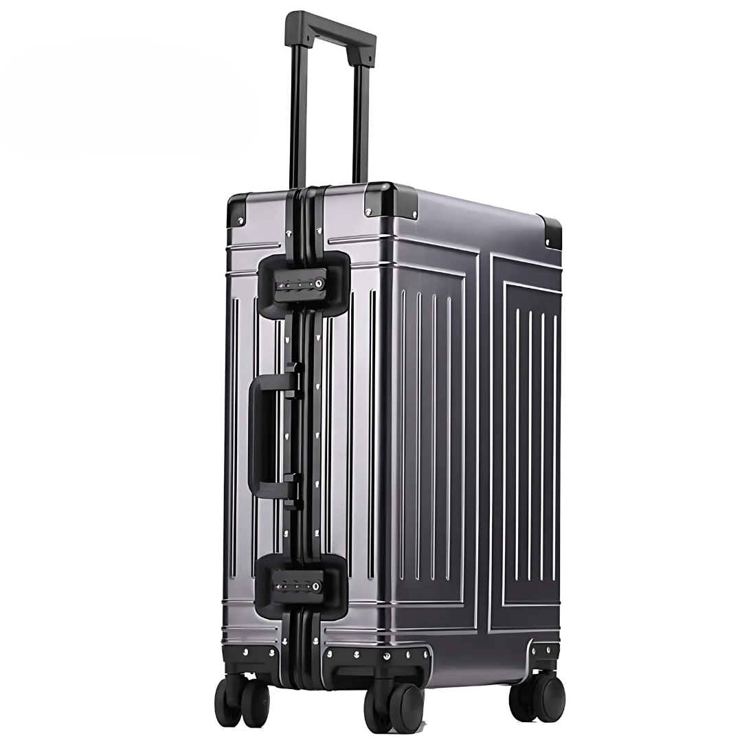 Zilveren premium aluminium reiskoffer Emperor, dé koffer voor luxe en veilig zakelijk reizen.