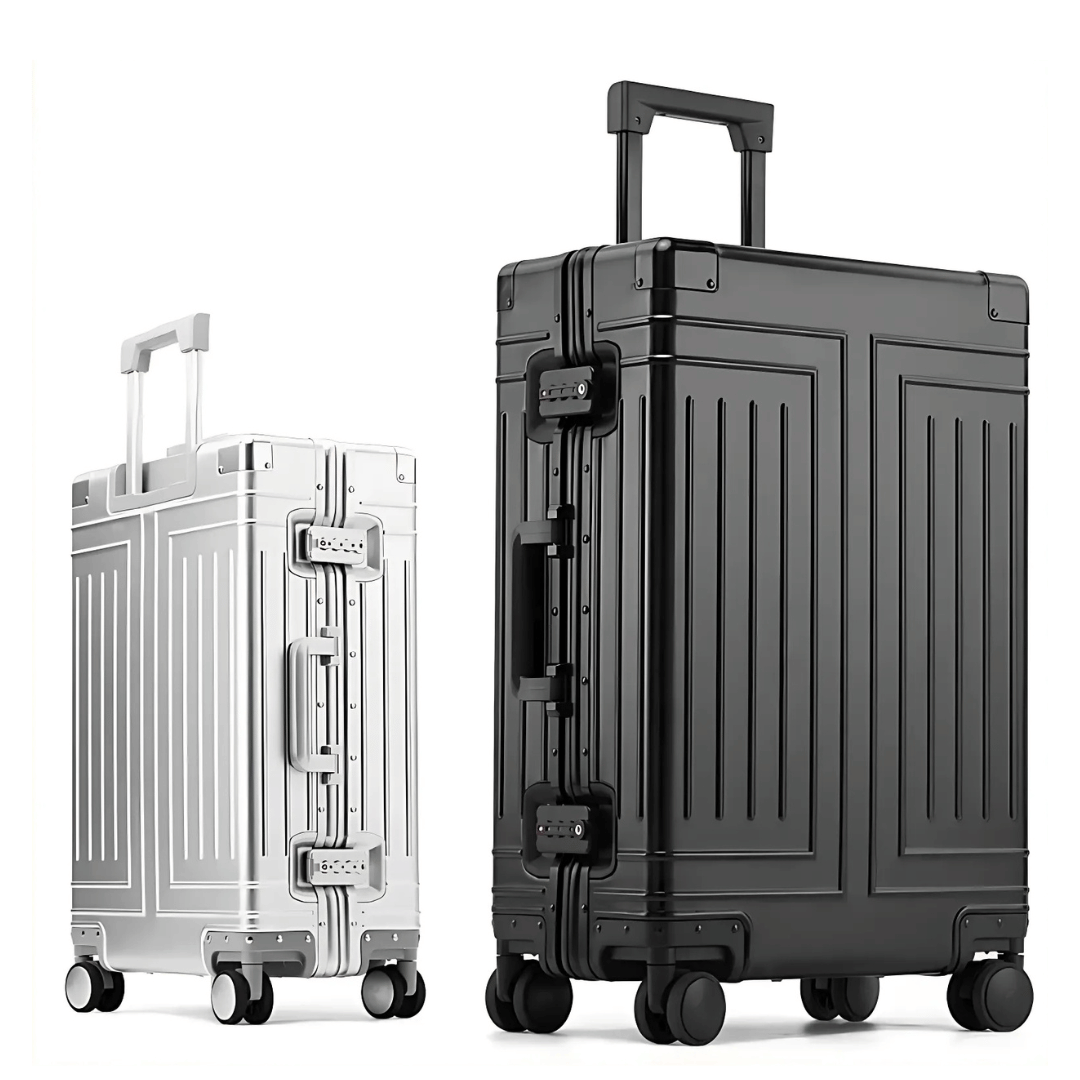 Zilveren aluminium reiskoffer Emperor voor zakelijk reizen, met TSA-slot voor extra veiligheid.