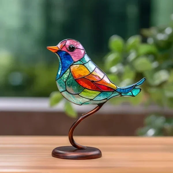 Luxe handgemaakt vogelfiguur van gebrandschilderd glas, kunstzinnig design, kleurrijk, ideaal voor een stijlvol interieur.