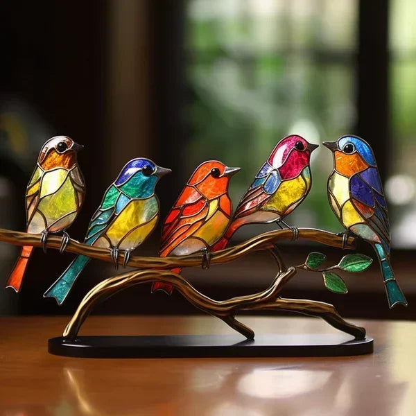 Luxe handgemaakt vogelfiguur van gebrandschilderd glas, kunstzinnig design, kleurrijk, ideaal voor een stijlvol interieur.