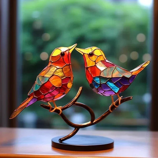 Luxe handgemaakt vogelfiguur van gebrandschilderd glas, kunstzinnig design, kleurrijk, ideaal voor een stijlvol interieur.