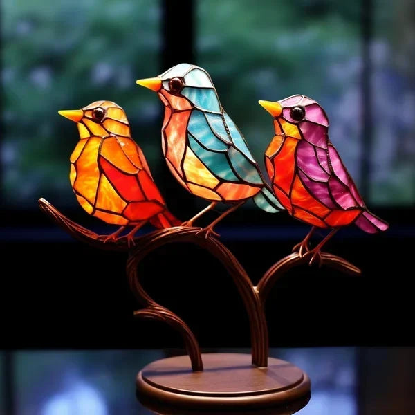 Luxe handgemaakt vogelfiguur van gebrandschilderd glas, kunstzinnig design, kleurrijk, ideaal voor een stijlvol interieur.