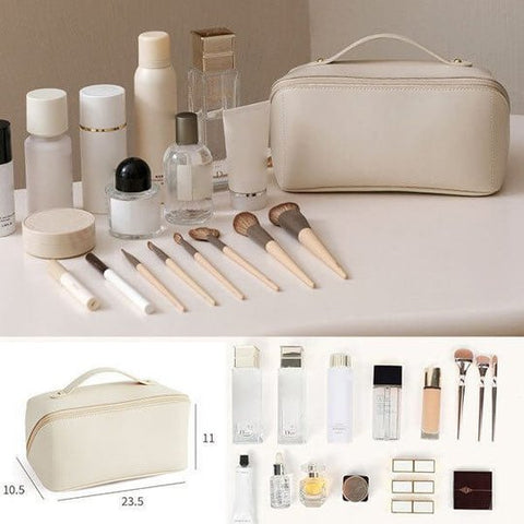 Luxe cosmeticatas in beige met een stijlvol ontwerp en ruime opbergmogelijkheden voor damescosmetica.