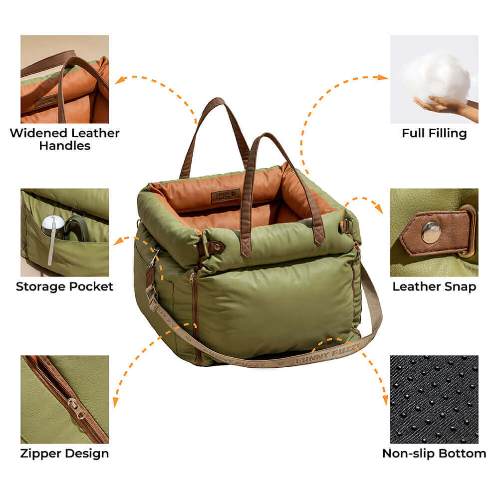 Luxe hondenautostoel van kunstleer, beige, met zachte bekleding en veiligheidsgordel voor comfortabel reizen.