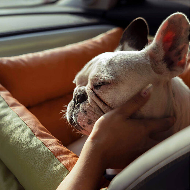 "Luxuriöser Hundeautositz aus Kunstleder, beige, mit weicher Polsterung und Sicherheitsgurt für komfortables Reisen."
