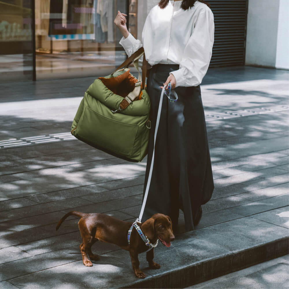 "Luxuriöser Hundeautositz aus Kunstleder, beige, mit weicher Polsterung und Sicherheitsgurt für komfortables Reisen."