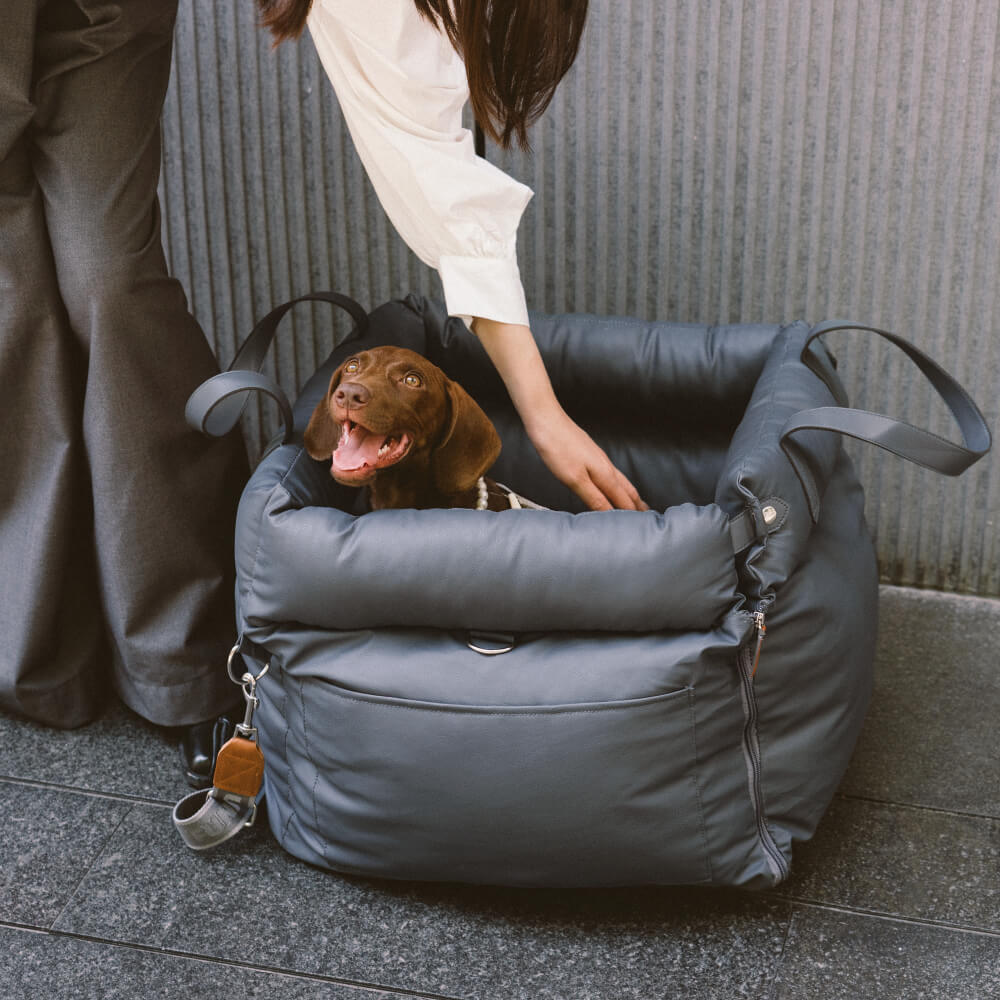 Luxe hondenautostoel van kunstleer, beige, met zachte bekleding en veiligheidsgordel voor comfortabel reizen.