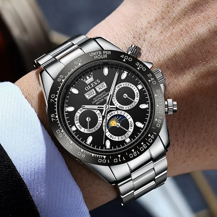 Luxe chronograaf horloge voor heren, achterkant detail