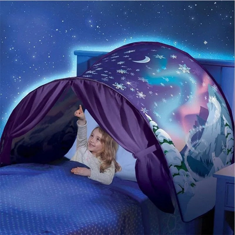 Comfortabele SleepyStar bedtent in eenhoorn- of dino-design. Ideaal voor dromen en een knusse, veilige kinderkamer.