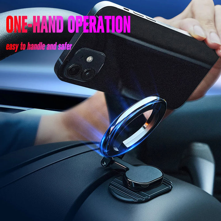 Magnetische telefoonhouder in de auto met Magsafe-technologie, 360 graden rotatie en opvouwbaar ontwerp voor een veilige grip.