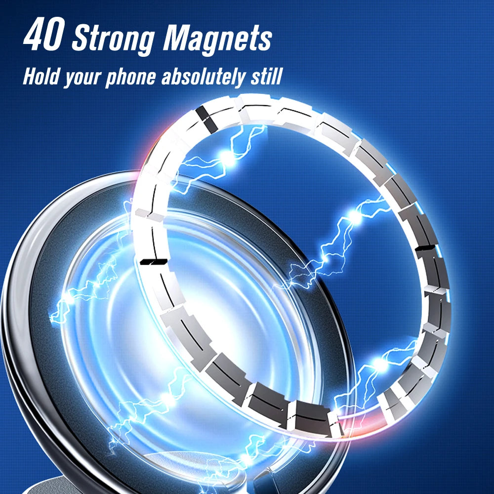 Magnetische telefoonhouder in de auto met Magsafe-technologie, 360 graden rotatie en opvouwbaar ontwerp voor een veilige grip.