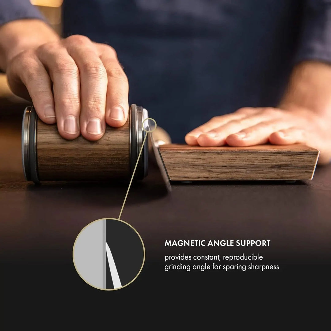 Magnetische rolmessenslijper set voor keukenmessen met diamant slijpsteen, zorgt voor precisie en scherpte.