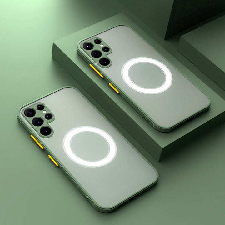 Magnetisch, schokbestendig Samsung Galaxy hoesje in legergroen, slank design, draadloos opladen mogelijk.