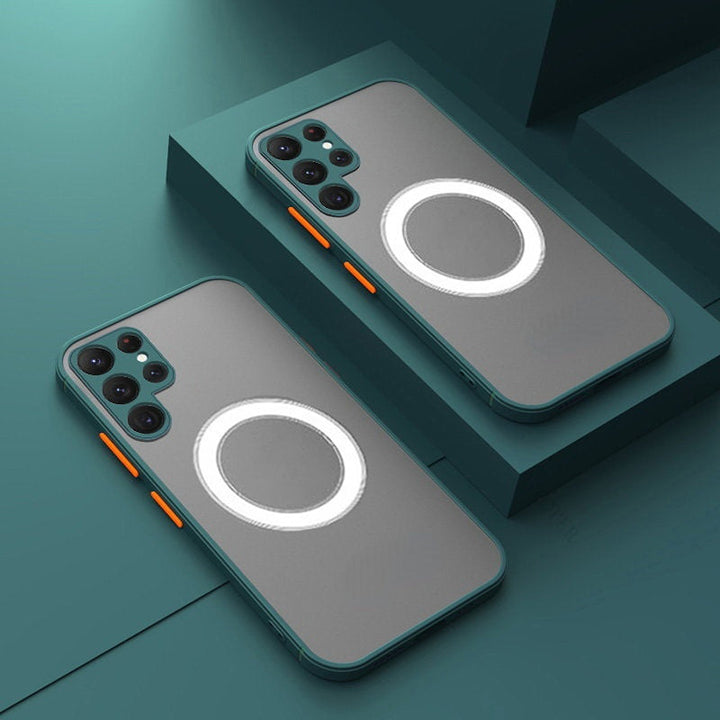 Magnetisch, schokbestendig Samsung Galaxy hoesje in legergroen, slank design, draadloos opladen mogelijk.
