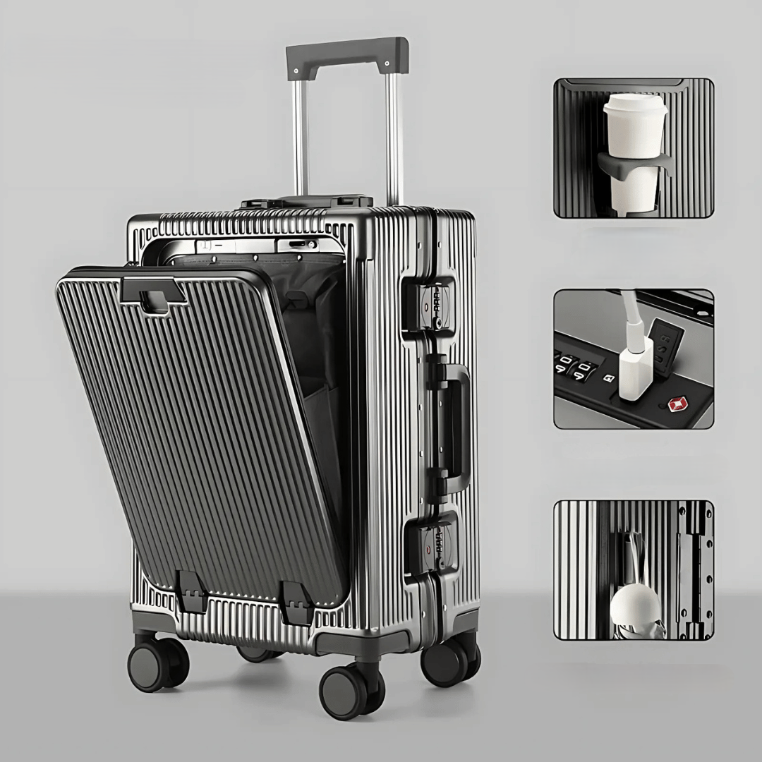 Manhattan Pro slimme reiskoffer: compact, USB-oplader, telefoonhouder, zonder rits en super lichtgewicht.