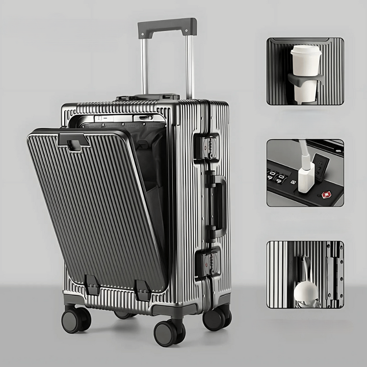 Manhattan Pro slimme reiskoffer: compact, USB-oplader, telefoonhouder, zonder rits en super lichtgewicht.