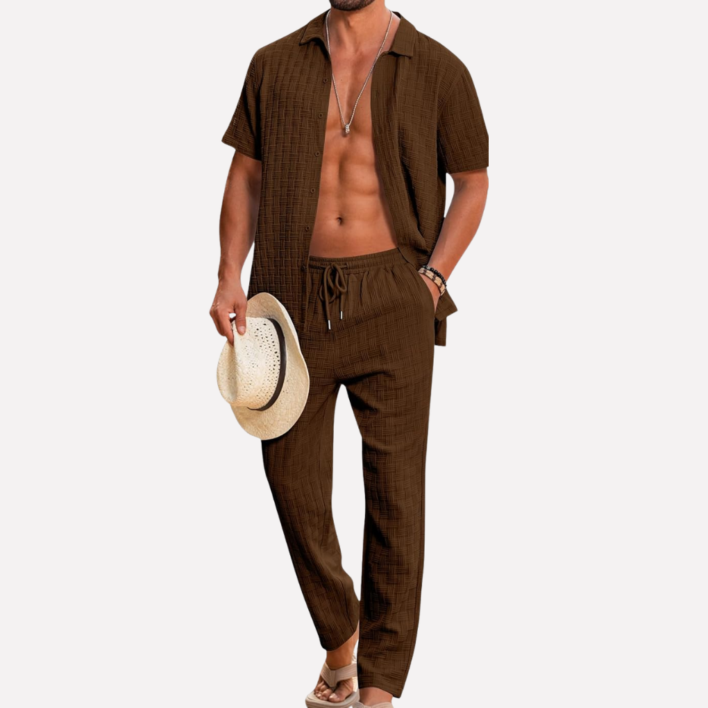 Mannen 2-delige strandoutfit AM1: stijlvolle zomerset met korte mouwen en losse broek voor ultiem comfort.