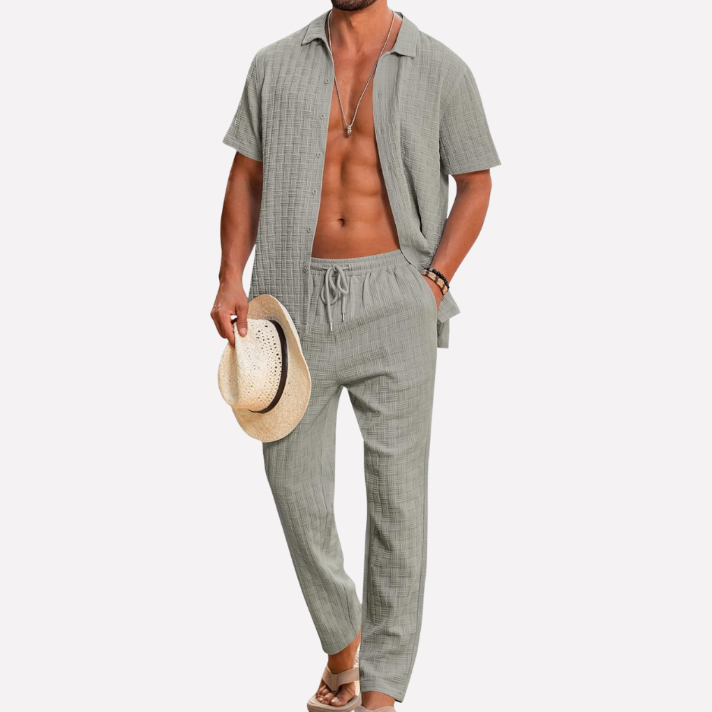 Comfortabele heren strandoutfit AM1, perfect voor vakantie en zomer: ademend tweedelig casual set.