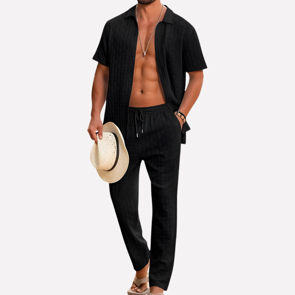 Stijlvolle & comfortabele mannen strandoutfit AM1, tweedelig met korte mouw; perfect voor zomerse casual look.