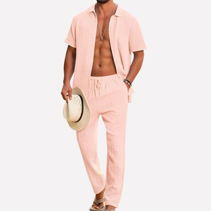 Mannen zomerset AM1, casual tweedelige outfit met korte mouw en losse broek voor strand en vrije tijd.