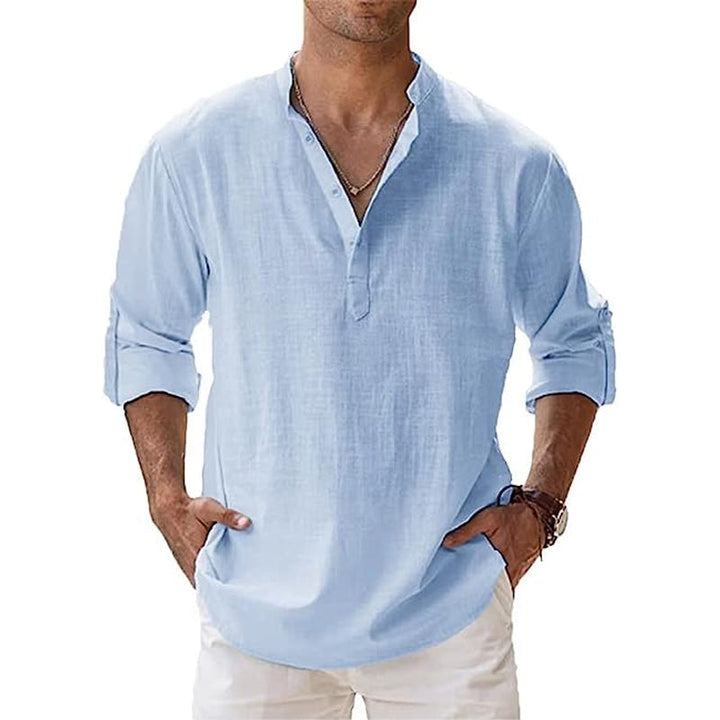 Modern heren Henley zomeroverhemd, lange mouw, comfortabel en modieus voor warme dagen. Stijlvolle look.