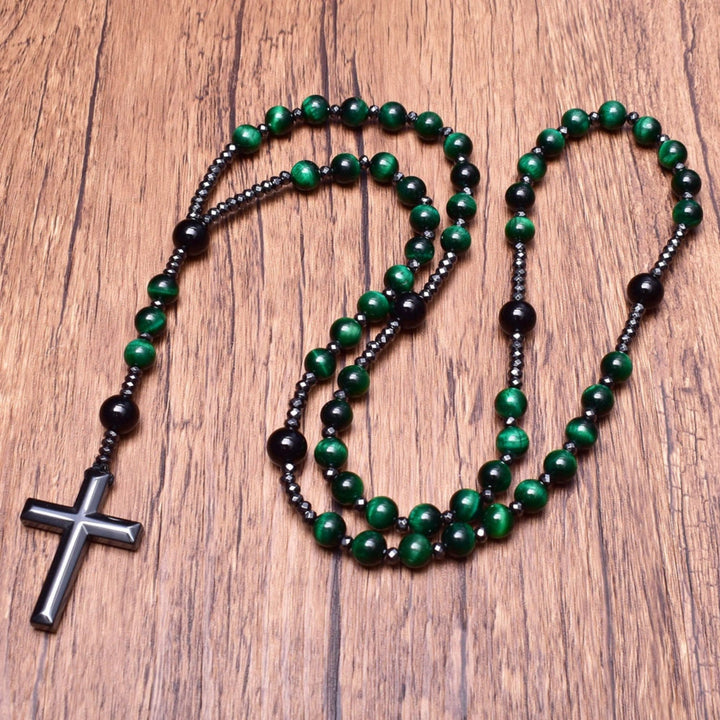Krachtige rozenkrans halsketting, tijgeroog voor moed en lapis lazuli voor wijsheid, voor mannen.