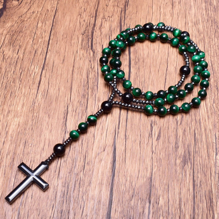 Heren rozenkrans met diepblauwe lapis lazuli en glanzende tijgeroog edelstenen kralen.