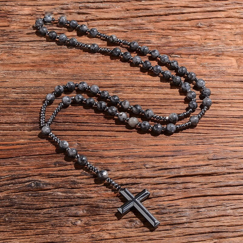 Rozenkrans mannen ketting: glanzende tijgeroog en diepblauwe lapis lazuli edelstenen.