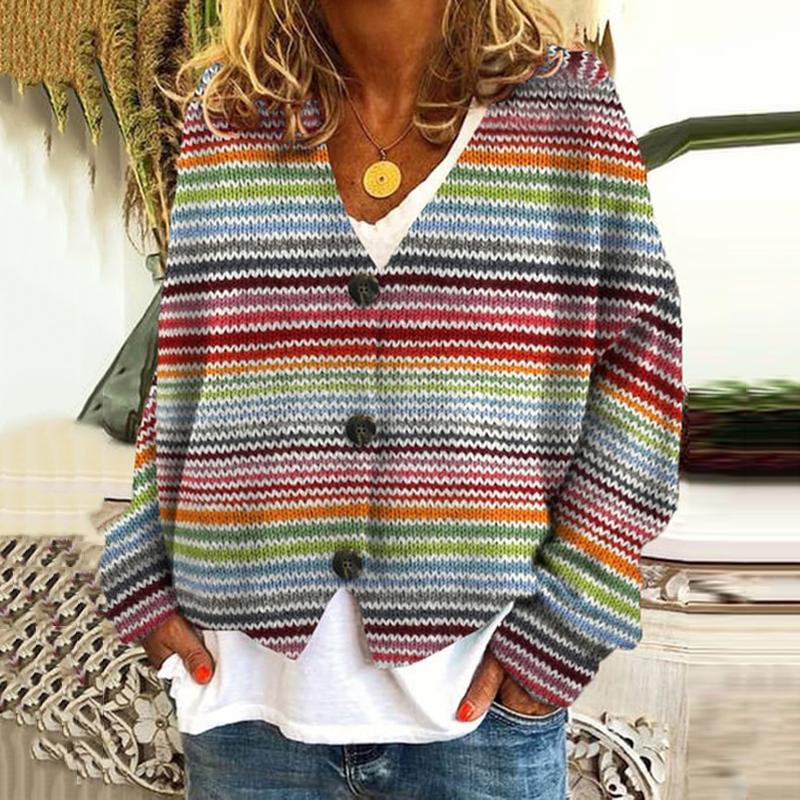 Multicolor damesvest met knoopsluiting, levendige patronen, zacht, comfortabel, ideaal voor een stijlvolle garderobe