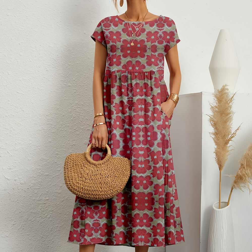 Midirok van katoen en linnen, A-lijn, ronde hals, in levendige kleuren voor casual zomermode, korte mouwen, ademend