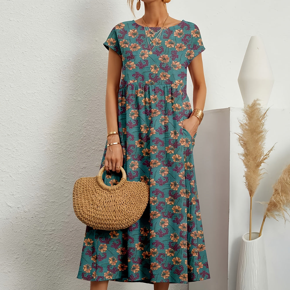 Midirok van katoen en linnen, A-lijn, ronde hals, in levendige kleuren voor casual zomermode, korte mouwen, ademend