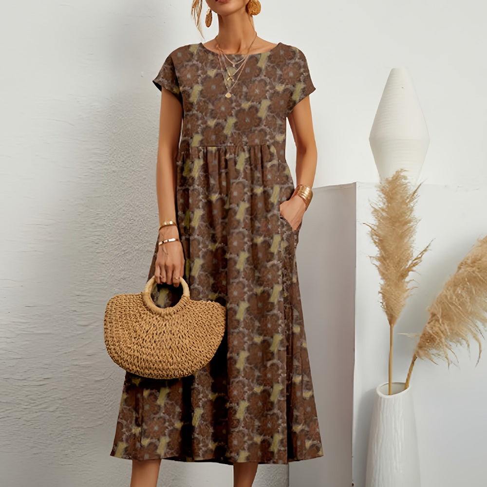 Midirok van katoen en linnen, A-lijn, ronde hals, in levendige kleuren voor casual zomermode, korte mouwen, ademend